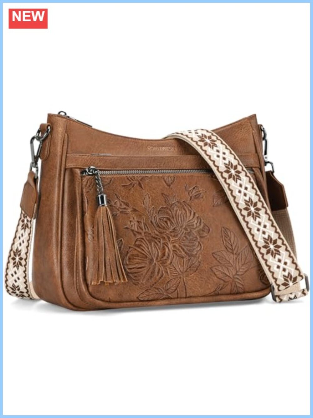 Vegan Leather Crossbody Bag Medium Wide Boho Strap Floral Embossed Purse